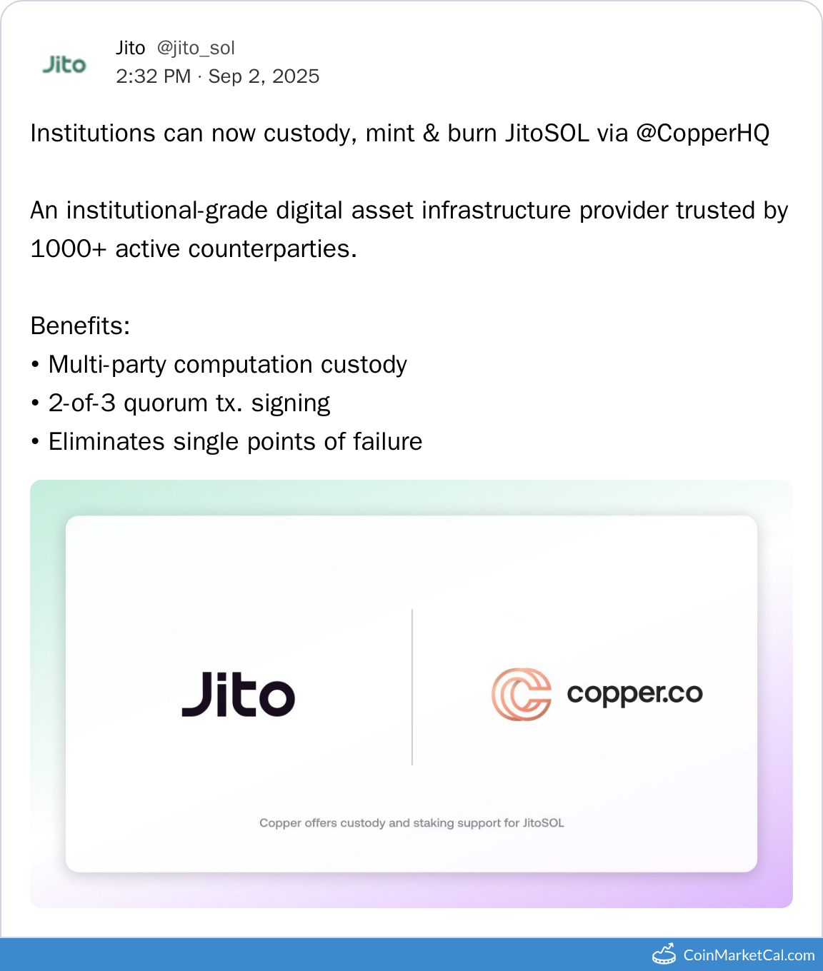 JitoSOL CopperHQ Custody
